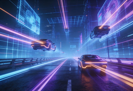 car on the road with glowing city map and binary code, 3d rendering