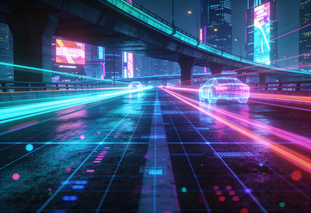 Futuristic city road with glowing lights and car on the road