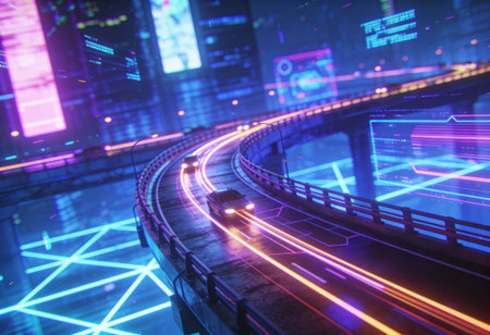 3d rendering of abstract car light trails on the road in the cityの写真素材