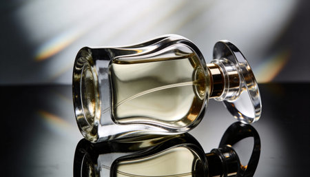 Perfume bottle on a black reflective surface with reflection. Close up.