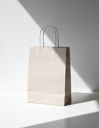 Blank paper shopping bag on white background with shadow and sunlight.の写真素材