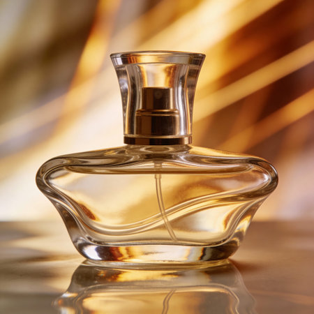 Perfume bottle on a golden background, close-up.
