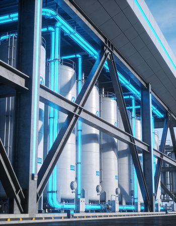 Stainless steel tanks in a factory. Industrial background. 3d renderingの写真素材