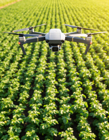 Drone flying over the field of young potato plants, close-upの写真素材