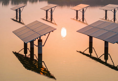 Solar panels in the lake with reflection in the water, Thailand.の写真素材