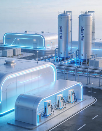3d rendering of modern gas station with blue lights in the eveningの写真素材