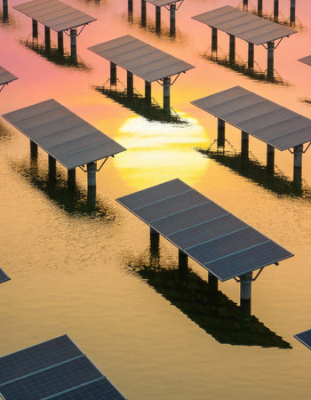 Solar panels in the water at sunset, photovoltaic cellsの写真素材