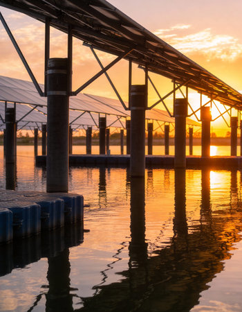 Silhouette of bridge over the river at sunset, Thailand.の写真素材