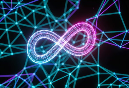 Glowing infinity sign on abstract network background. 3D Renderingの写真素材