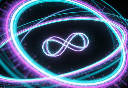 Neon infinity symbol on a dark background. 3d rendering.の写真素材