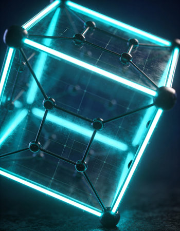 3D illustration of abstract geometric background with glass cube and blue lightsの写真素材