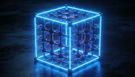 3D rendering of neon cube with blue light on dark background.の写真素材