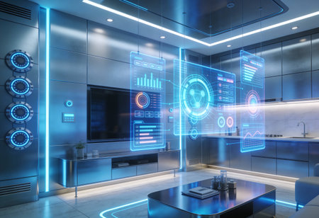 3d rendering of a modern kitchen in a loft with a glass wallの写真素材