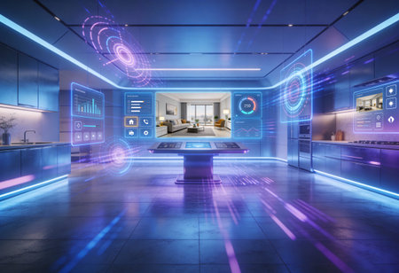 3d rendering of modern kitchen with white walls, tiled floor and bright blue and white lightsの写真素材