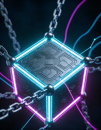 3d rendering of abstract technological background with hexagons and metal chainsの写真素材