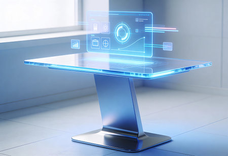 Glowing hologram of user interface on modern laptop screen in officeの写真素材