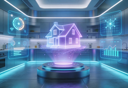 3D rendering of a modern kitchen with a glowing house hologramの写真素材
