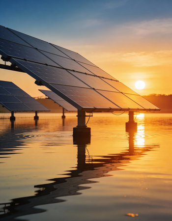 Solar panels on the water at sunset, photovoltaic cellsの写真素材