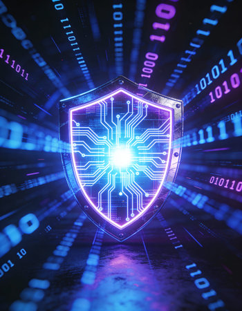 Cyber security concept with shield and binary code. 3D Renderingの写真素材