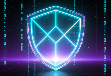 Glowing neon shield on dark background. Cyber security concept. 3D Renderingの写真素材