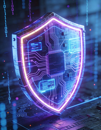cyber security concept with shield and circuit board. 3D Renderingの写真素材