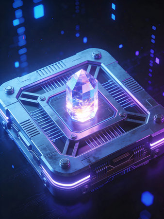 Futuristic microprocessor with glowing blue crystals. 3D Renderingの写真素材