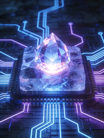 3D rendering of a crystal in front of a circuit board backgroundの写真素材