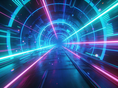 3d rendering of a tunnel with a bright blue and pink lightsの写真素材