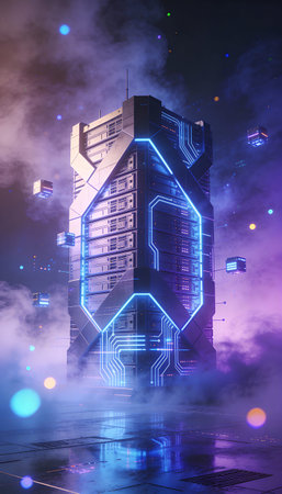 3d rendering of a futuristic city in a foggy night. Futuristic cityscape with skyscrapers and neon lights.の写真素材