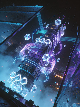 Futuristic city concept. 3d rendering toned image double exposure
