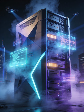 Futuristic server room with glowing neon lights. 3D Renderingの写真素材