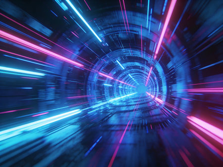 abstract background with blue and pink lights and speed motion in tunnelの写真素材