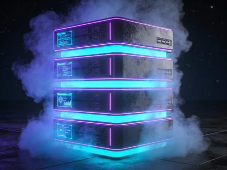 Dark server room with glowing neon lights and smoke 3D Renderingの写真素材