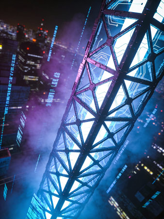 Abstract night city with neon lights. Futuristic concept. 3D Renderingの写真素材