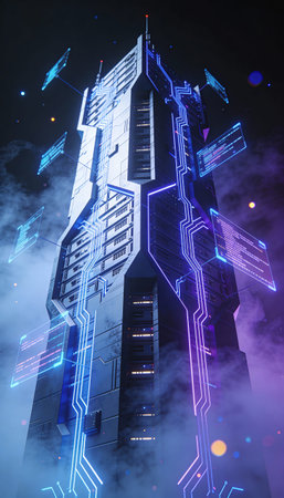 Futuristic city in neon light. Technology concept. 3D Rendering
