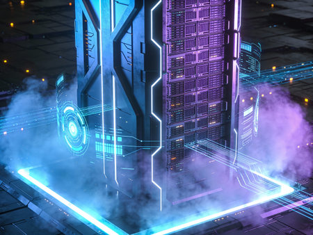 3d rendering of server room with neon lights and cloud computing concept