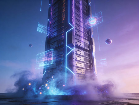 Futuristic city with glowing buildings and high-rise buildings.