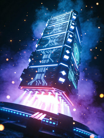 3D rendering of a big data center with neon lights and smokeの写真素材