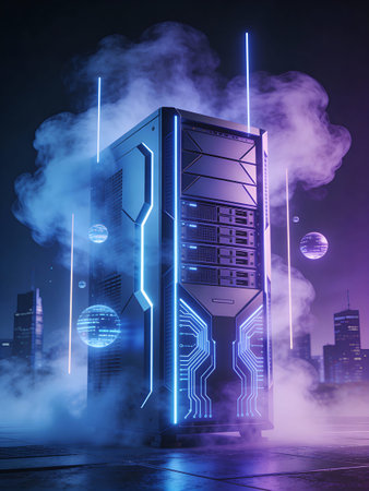 Server tower in the fog. 3d rendering toned image double exposure