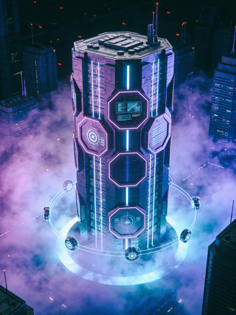 Futuristic hologram of a city in the night. 3d rendering