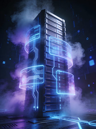 Server tower in neon light on dark background. Network concept. 3D Rendering