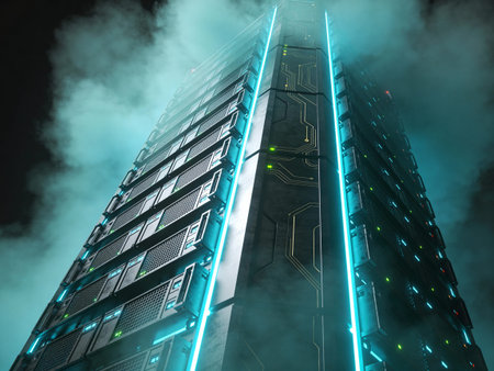 Modern skyscraper with glowing neon lights in the dark. 3D rendering