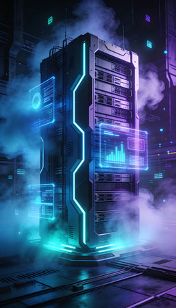 Futuristic server room with glowing neon lights. Data center concept. 3D Rendering