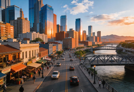 Chicago downtown skyscrapers at sunsetの写真素材