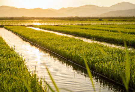 Rice seedlings in the field at sunset,Thailand.の写真素材