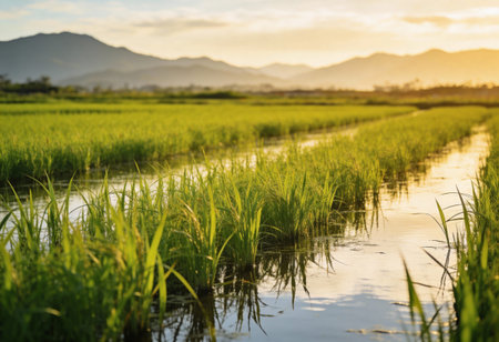Rice field in the morning at countryside of Thailand. Nature backgroundの写真素材
