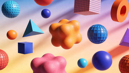 3d rendering of colorful abstract geometric composition with balls and pyramids.の写真素材