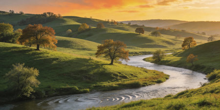 Landscape with autumn trees and river at sunset. Panorama.の写真素材