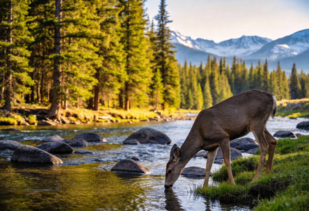 White-tailed deer, Odocoileus virginianus, feeding in mountain stream, Jasper National Park, Alberta, Canadaの写真素材