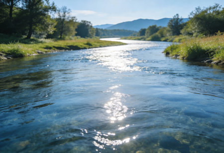 Beautiful river landscape with clear water and mountains in the background.の写真素材